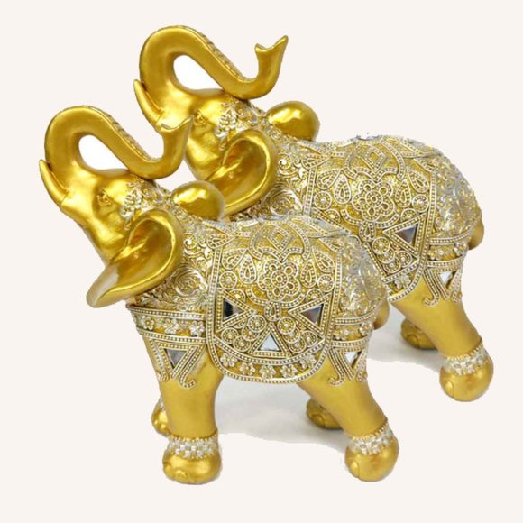 Set Of 2 Feng Shui 9”(H) Gold Color Elephants Statue With Trunk Facing Upwards - Picture 4 of 9